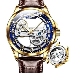 OLEVS Skeleton Watches for Men Automatic Self Winding Mechanical Luxury Leather
